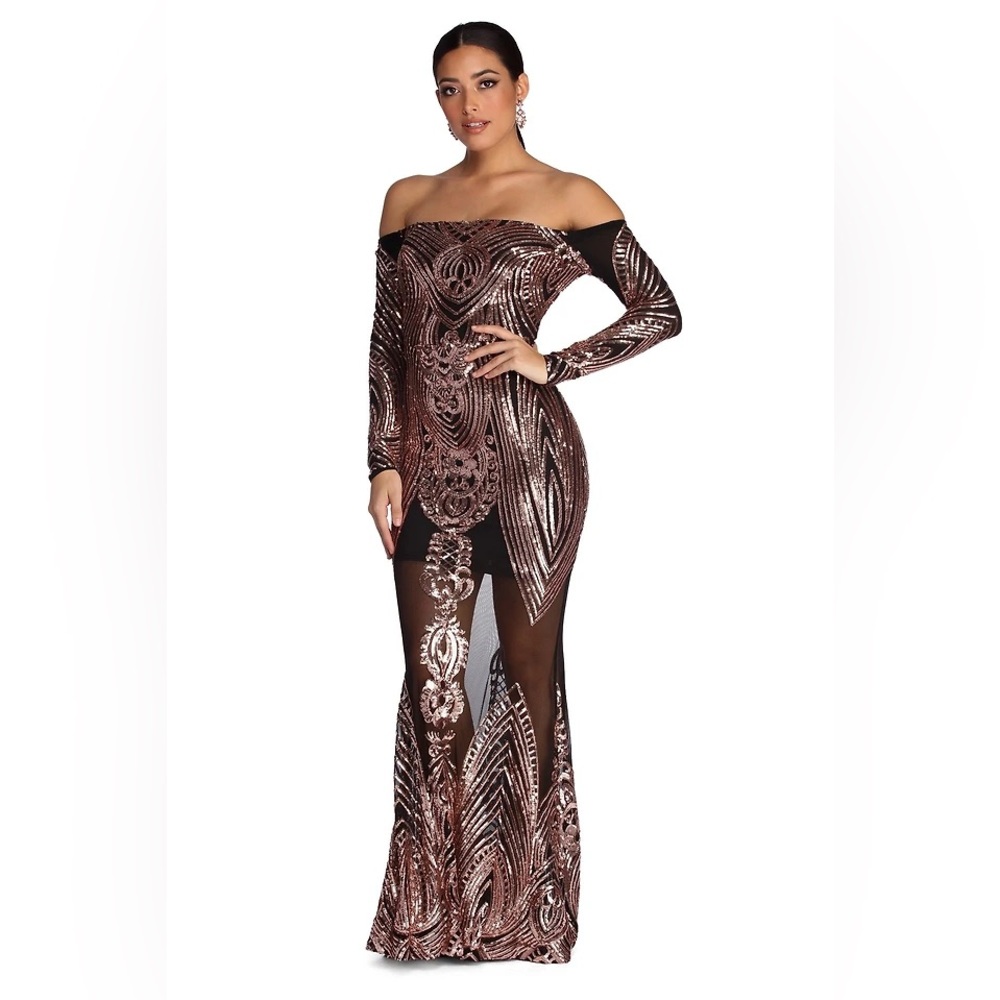 NWT Off-Shoulder Rose Gold Sequin Maxi Formal Dress for Prom Homecoming Wedding